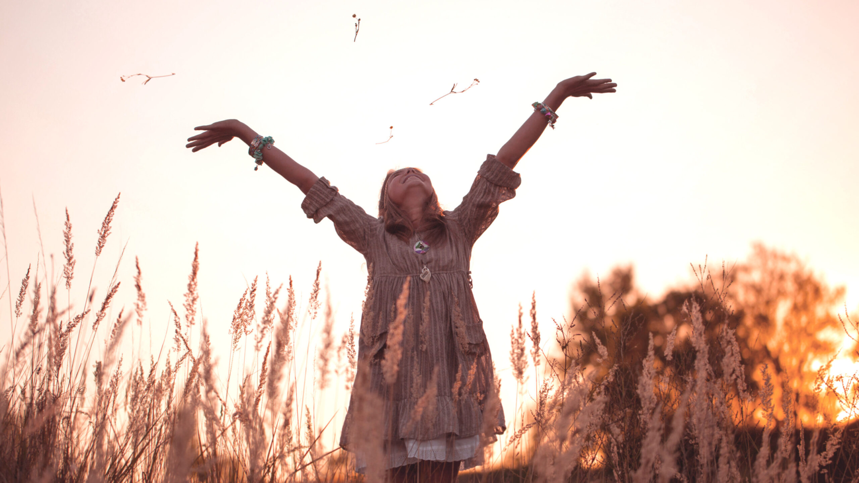 girl on meadow with sunset